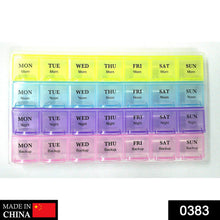 Compact pill storage container with labeled sections for daily medication.