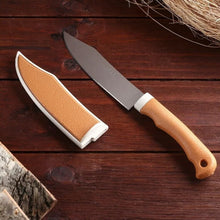 Kitchen knife with cover and sharp blade.