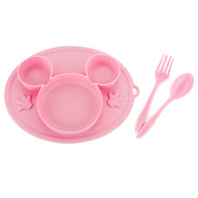 Silicone Mickey Mouse dining set, plate, fork, and spoon, card packing.