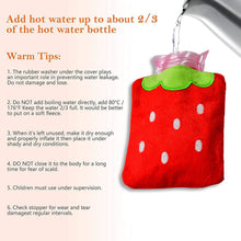 Compact hot water bag with strawberry design for pain relief.