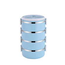 Multi-layered hot lunch box with four stainless steel layers.