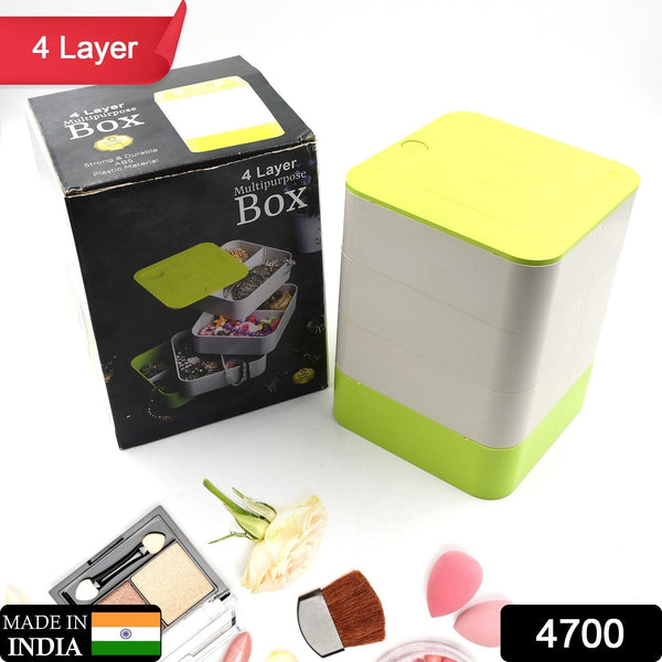 360-degree rotating jewelry box with 4 layers for accessories and earrings.